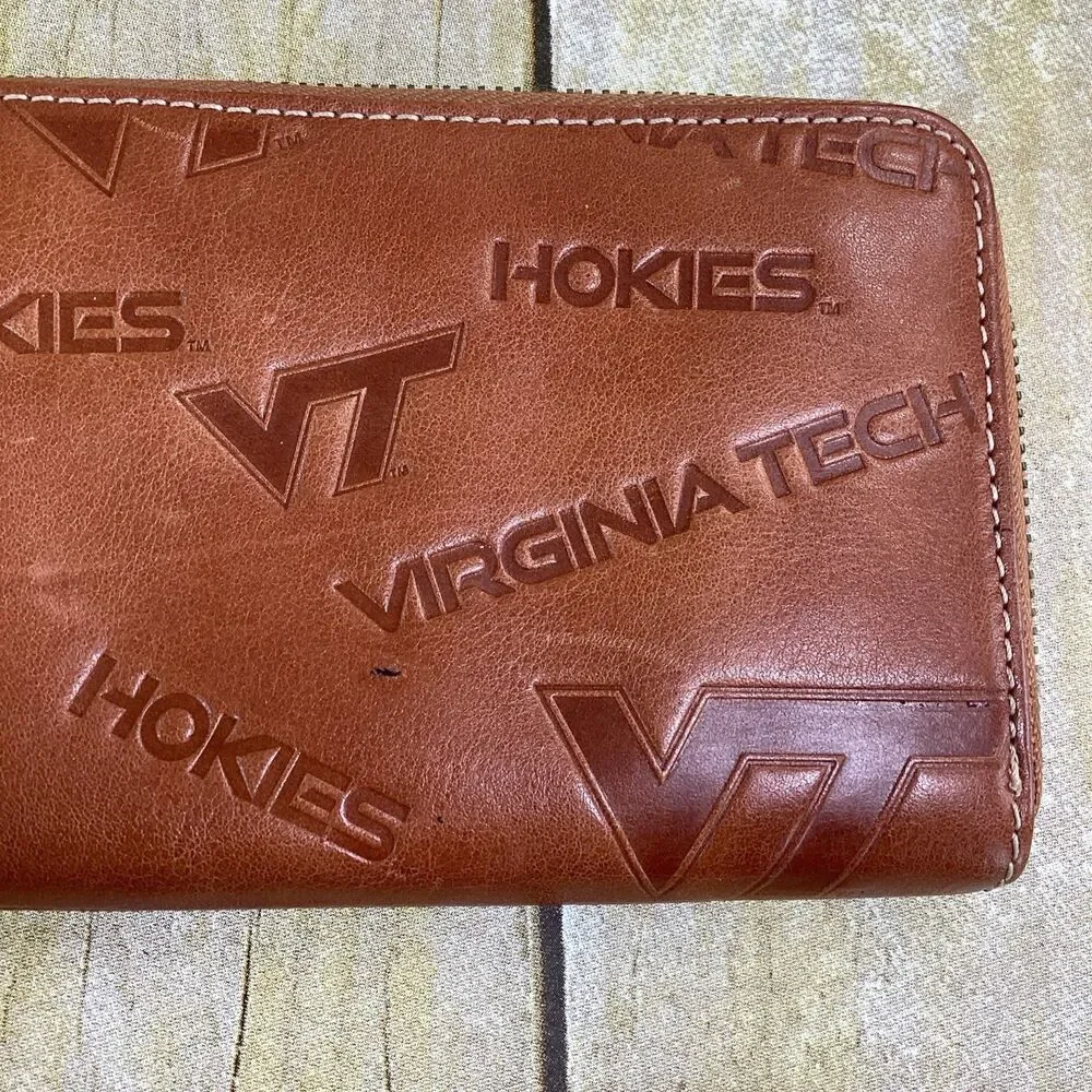 VT Hokies JML Embossed Cowhide Leather Wallet Brown Virginia Tech Zip Around